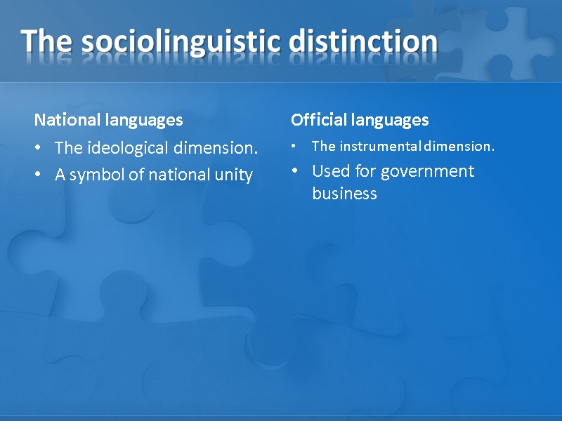 The sociolinguistic distinction  National languages The ideological dimension. A symbol of national unity